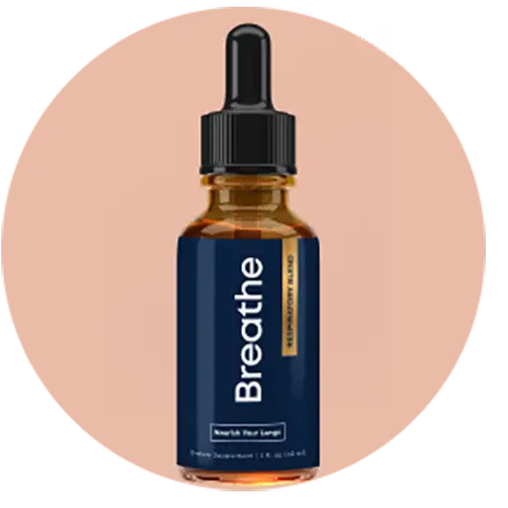 A single Breathe respiratory blend dropper bottle on a soft peach circular background