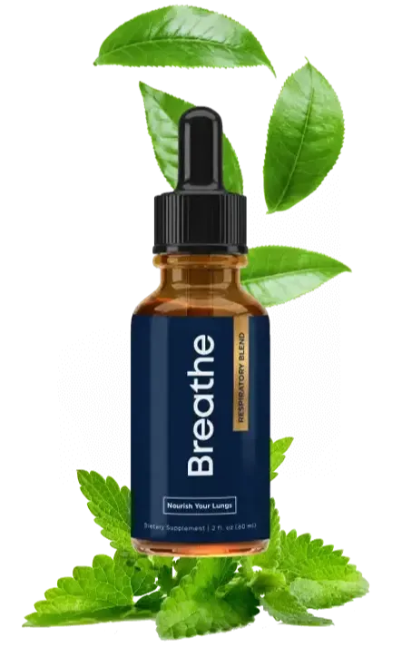 Breathe respiratory blend tincture bottle with fresh mint leaves